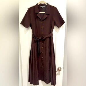 Sharagano New York Espresso Brown Bottom Up Belted Pleated Dress Women Sz 10
